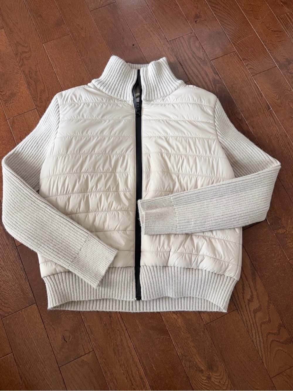 Cream/Sand Quilted Knit-Trim Puffer Jacket - Women's Large Zip up Fall Jacket